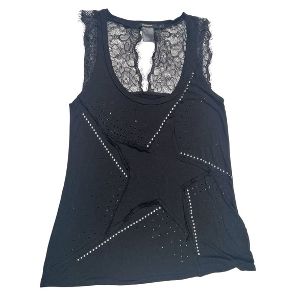 Y2K Desigual Edgy Embellished Lace Black Tank Small Unique Gothic Witchy Urban - Picture 1 of 8